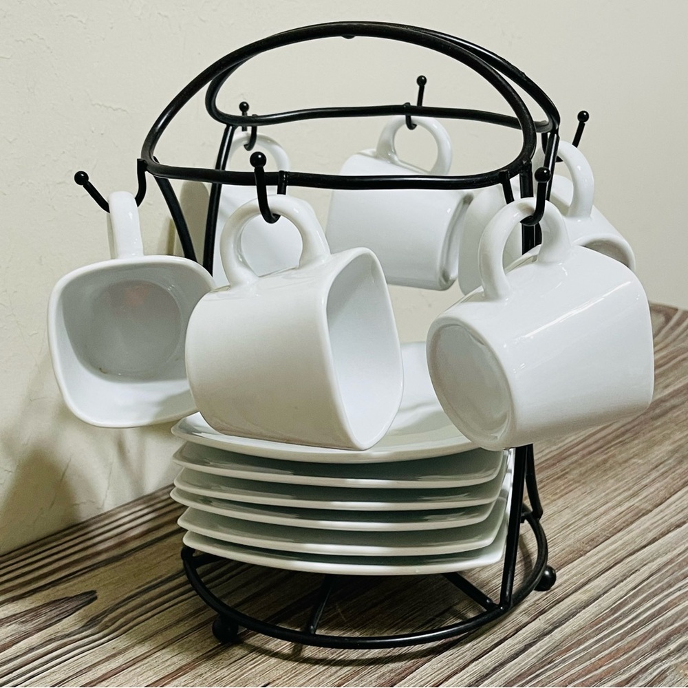 B Smith White Ceramic Espresso Cups & Saucers Set of 6 Black Metal Storage Rack
